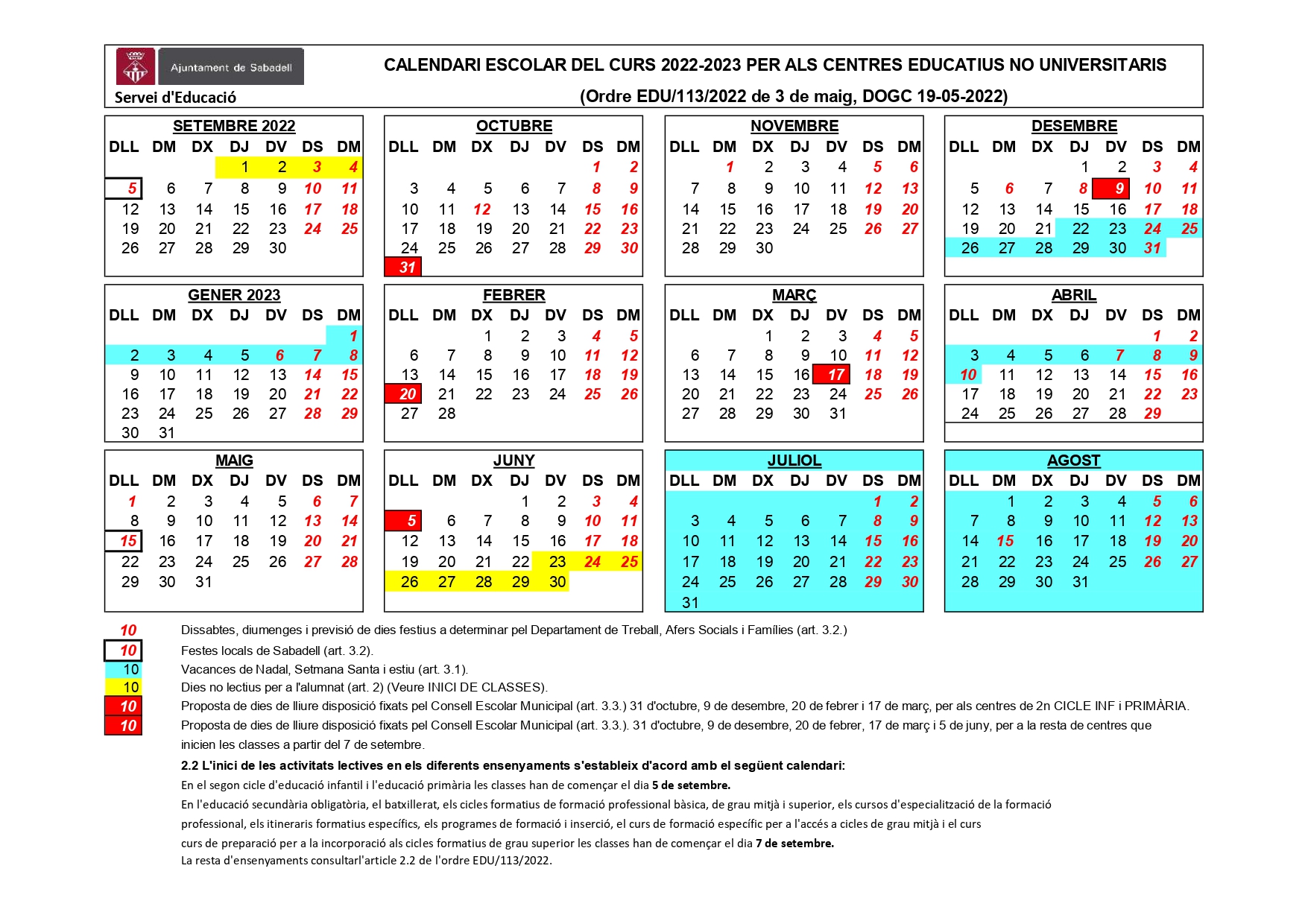 Escolàpies Sabadell Calendari escolar 2021-22