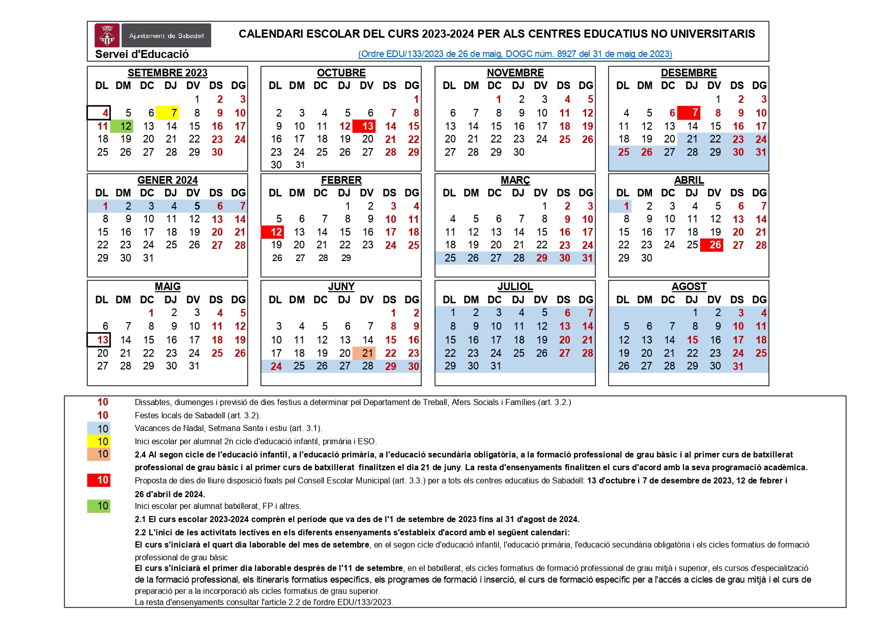 Escolàpies Sabadell Calendari escolar 2021-22